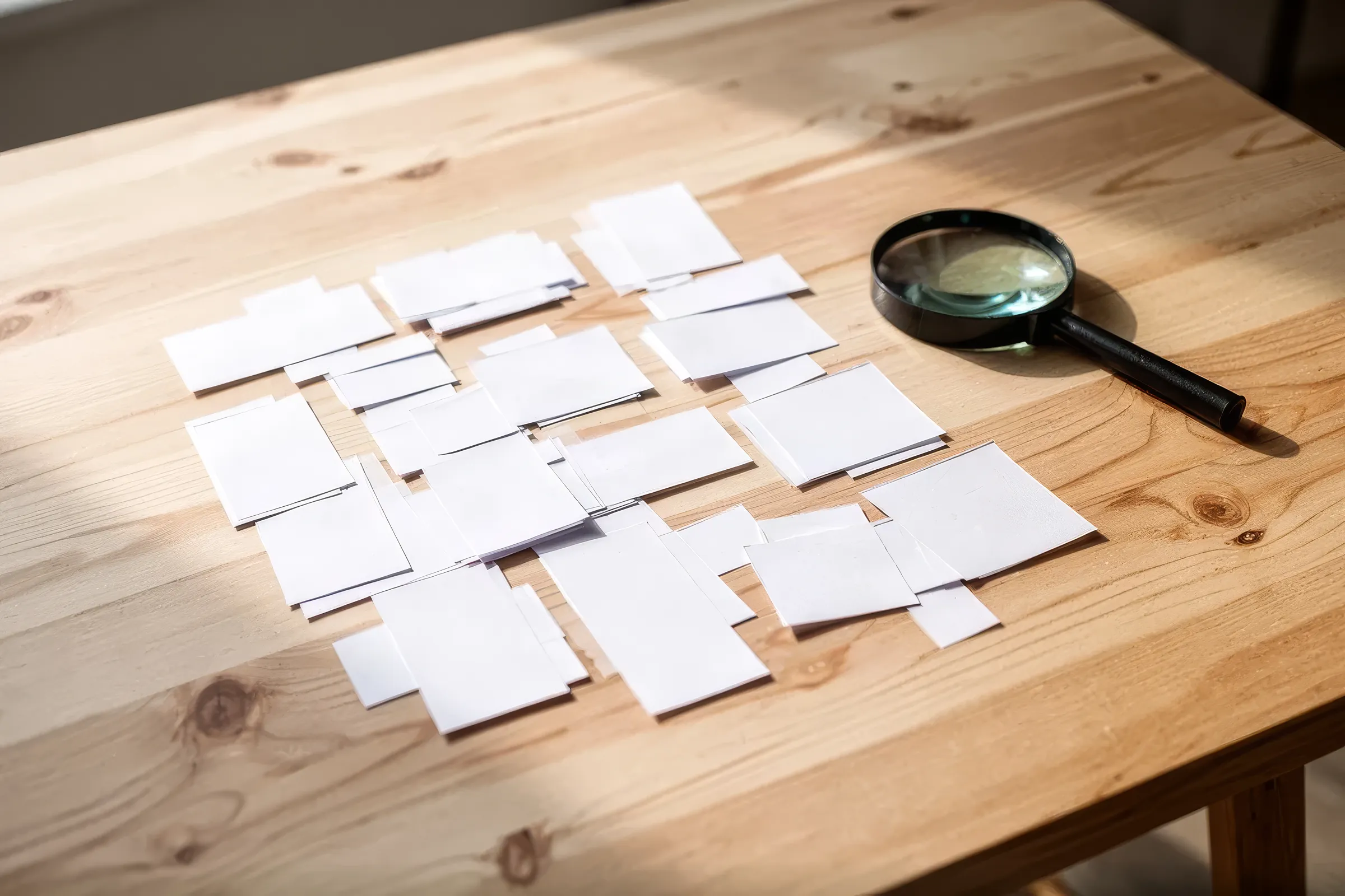 Viele kleine Papierabzüge liegen sortiert auf einem Holztisch, daneben eine Lupe.