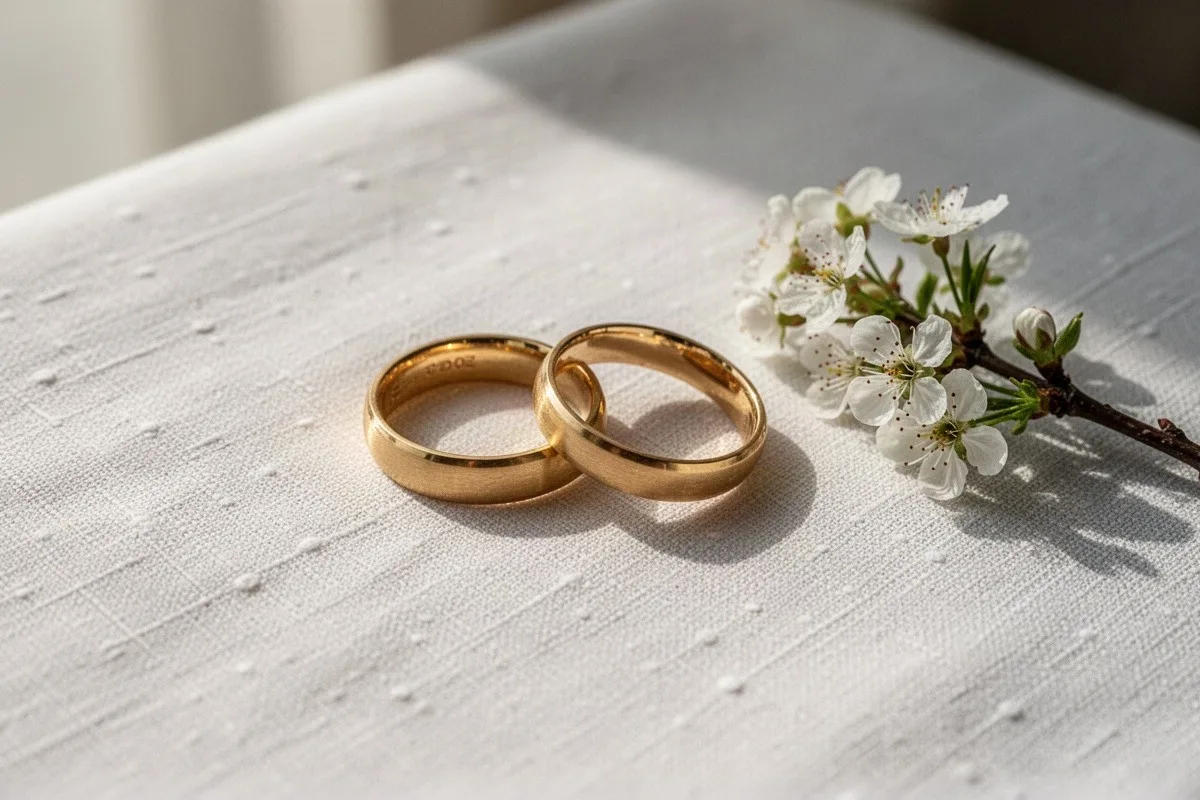 Zwei schmale goldene Ringe liegen auf hellem Leinen, daneben ein Zweig mit weißen Blüten.