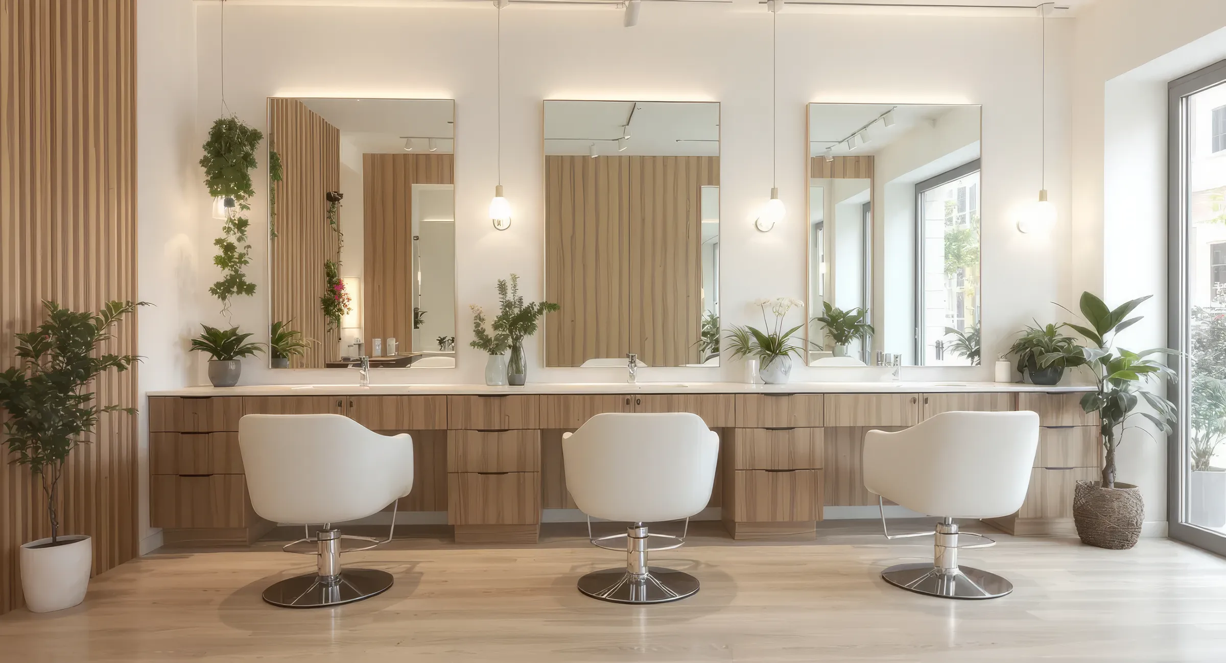 Blick in den Salonraum: helle Wände, Holzboden, Arbeitsplätze mit großen Spiegeln.