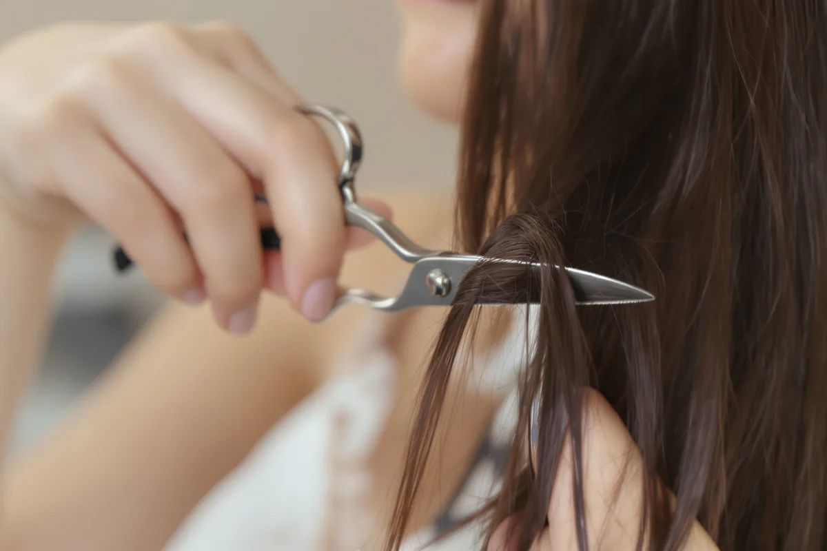 Nahaufnahme: eine Schere setzt an einer abgeteilten Haarsträhne an.