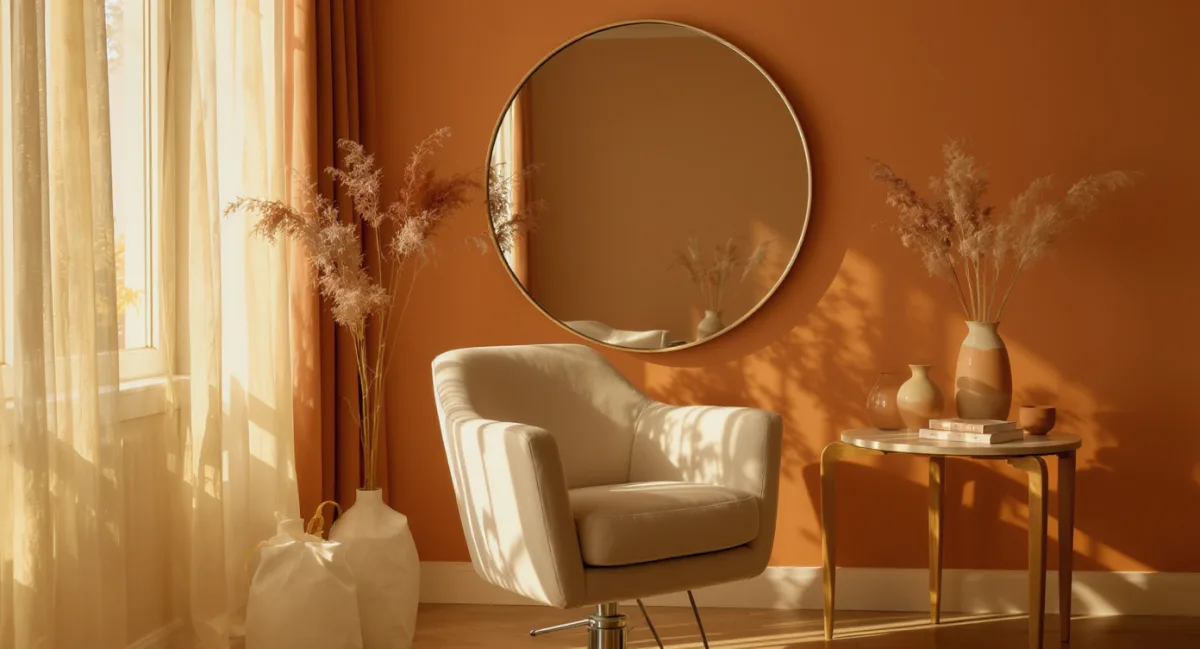 Ein Arbeitsplatz im Salon: Vintage-Friseurstuhl vor einem runden Spiegel an einer warm getönten Wand.