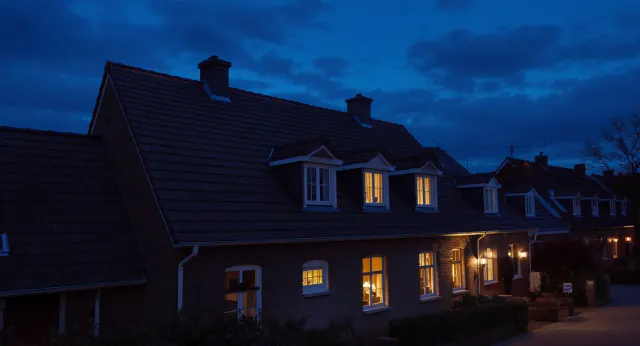 Dachstuhl im Abendlicht während der Bauarbeiten