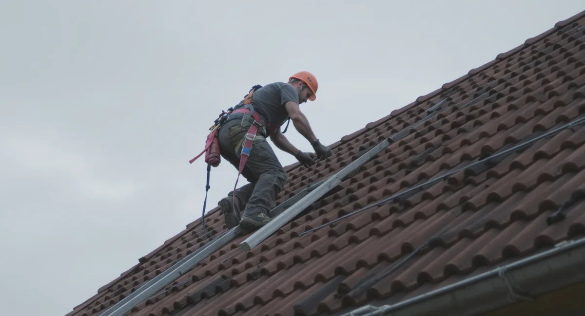 Dachdecker auf einem Steildach beim Verlegen von Tonziegeln.