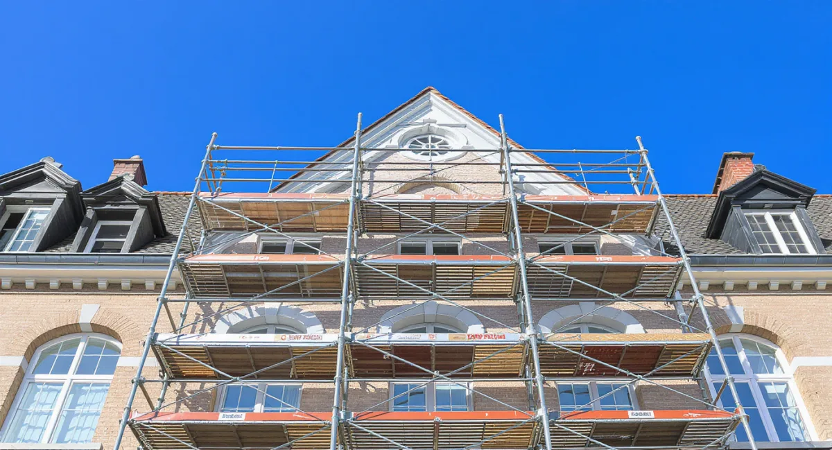 Eingerüstete Hausfassade mit Giebel vor blauem Himmel.