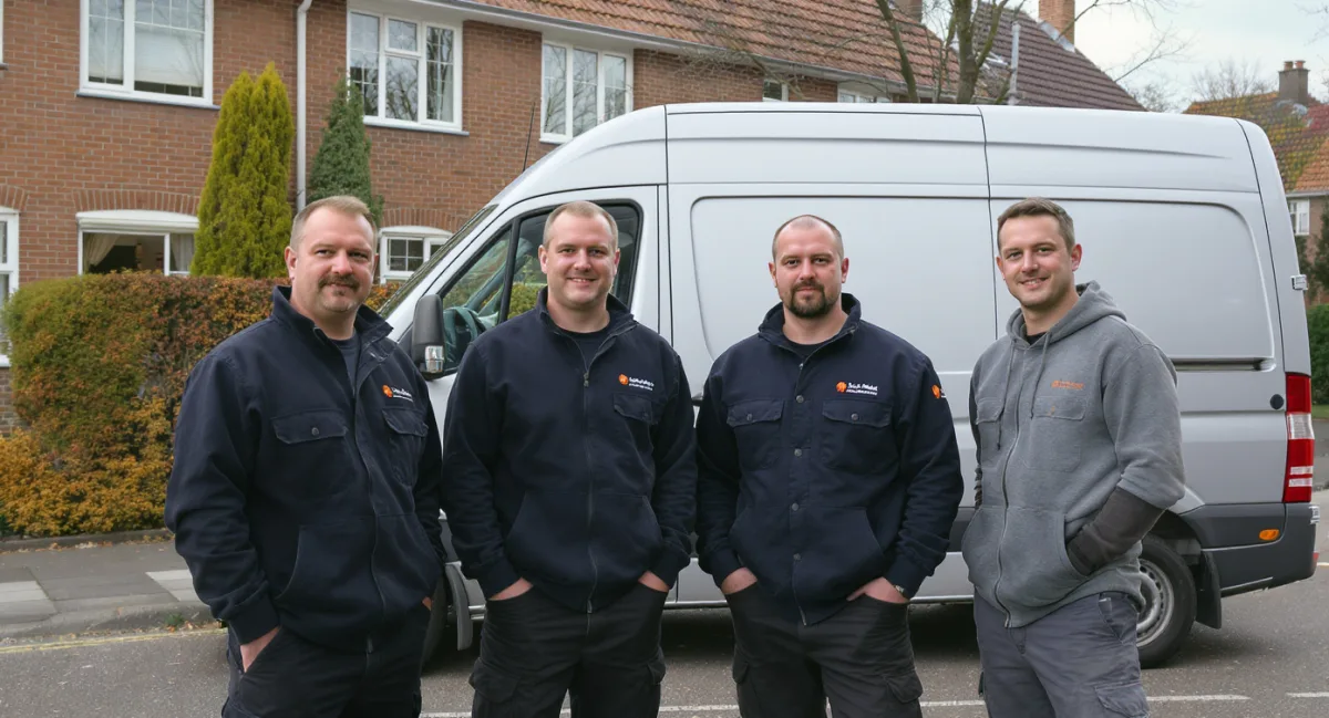 Vier Mitarbeiter in Arbeitskleidung vor dem Firmentransporter.