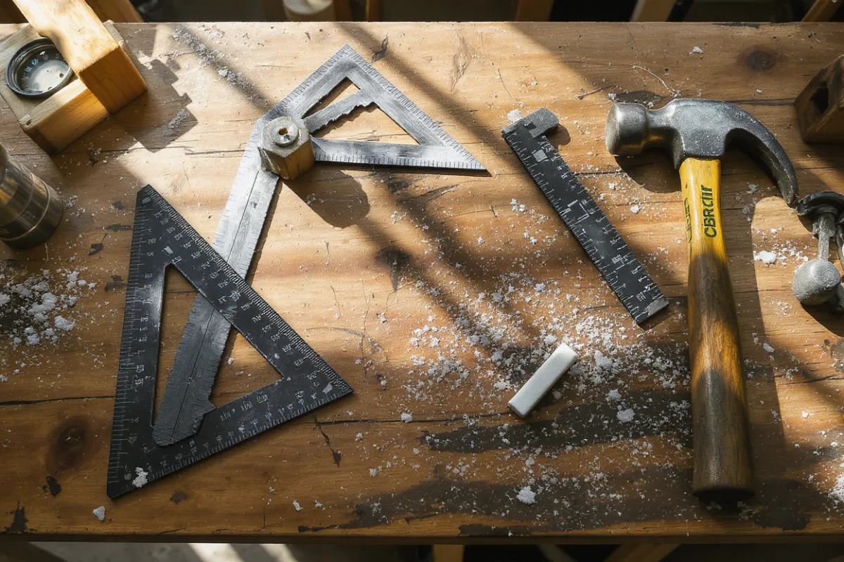 Winkel, Hammer und Zirkel auf einer Werkbank aus Holz.