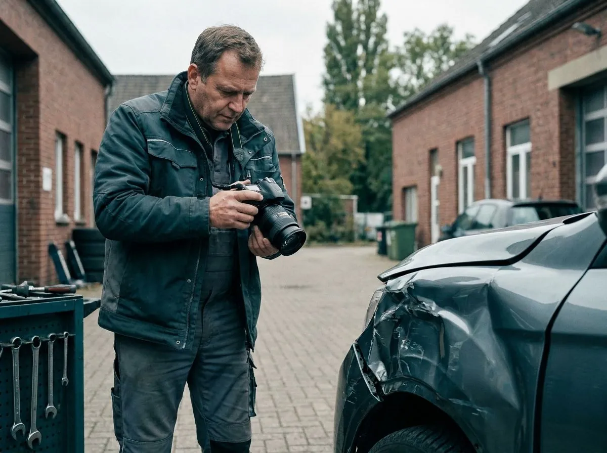 Kfz-Sachverständiger fotografiert ein stark beschädigtes Fahrzeug auf einem Hof.