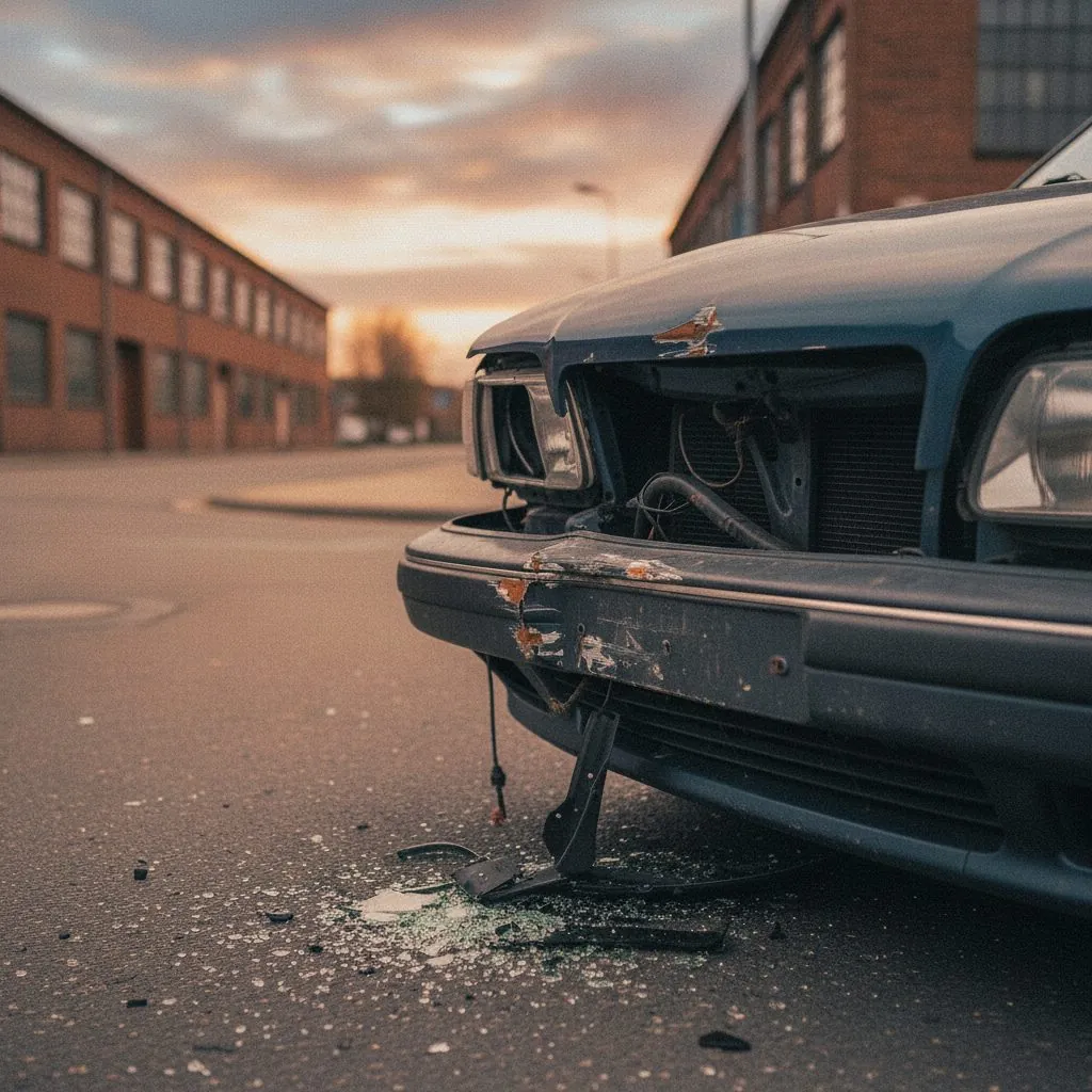 Beschädigte Fahrzeugfront eines älteren Wagens auf der Straße in der Abenddämmerung.