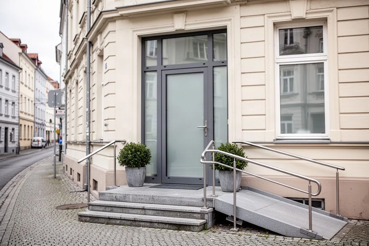 Eingangsbereich der Praxis von außen: Glastür, Klinkerfassade und eine schmale Stufe.