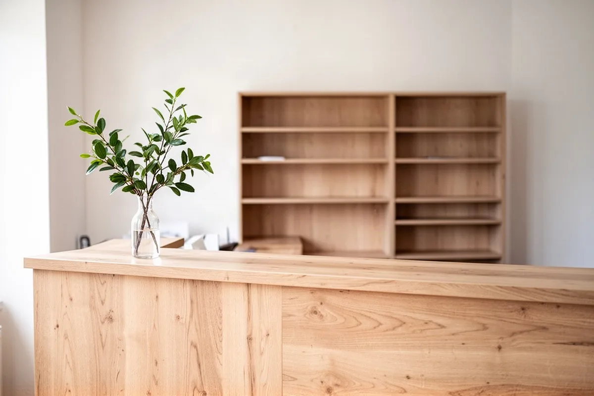 Heller Empfangstresen aus Holz mit einem kleinen Kartenständer und einer Grünpflanze.