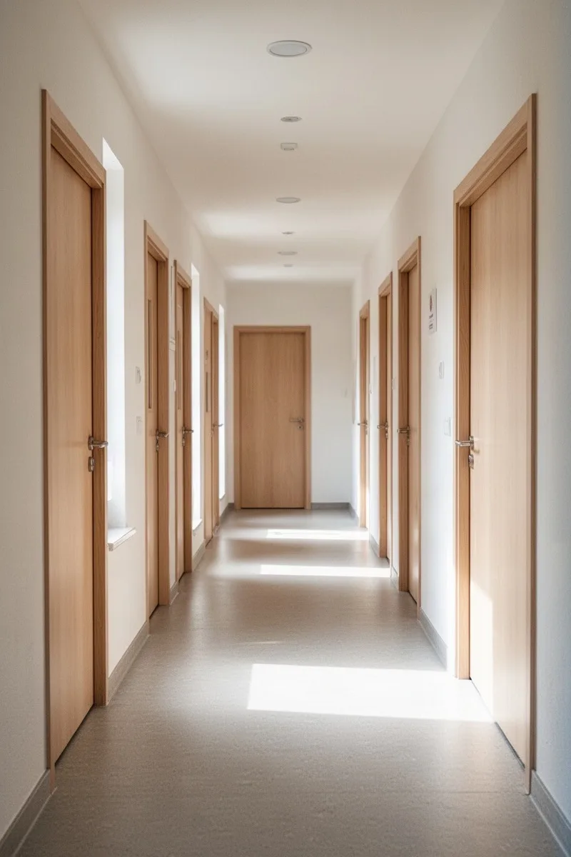 Heller Praxisflur mit Tageslicht, mehreren Türen und einer schmalen Sitzbank an der Wand.