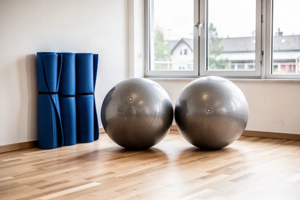 Zusammengerollte Gymnastikmatten und zwei große Gymnastikbälle an einer Wand mit Fenster.