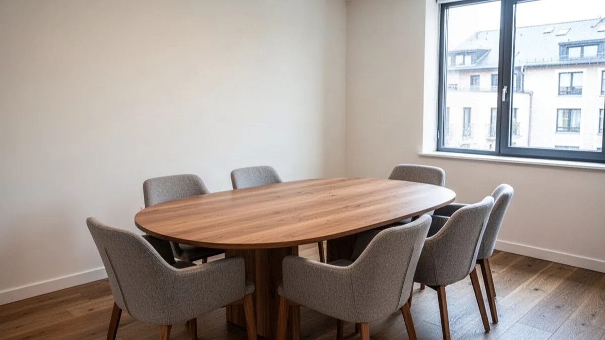 Leerer Besprechungsraum mit langem Tisch und Stühlen an einer hellen Fensterfront