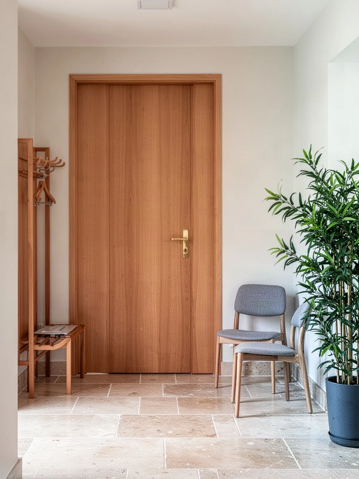Eingangsbereich einer Kanzlei mit Holztür, Steinboden und Sitzbank