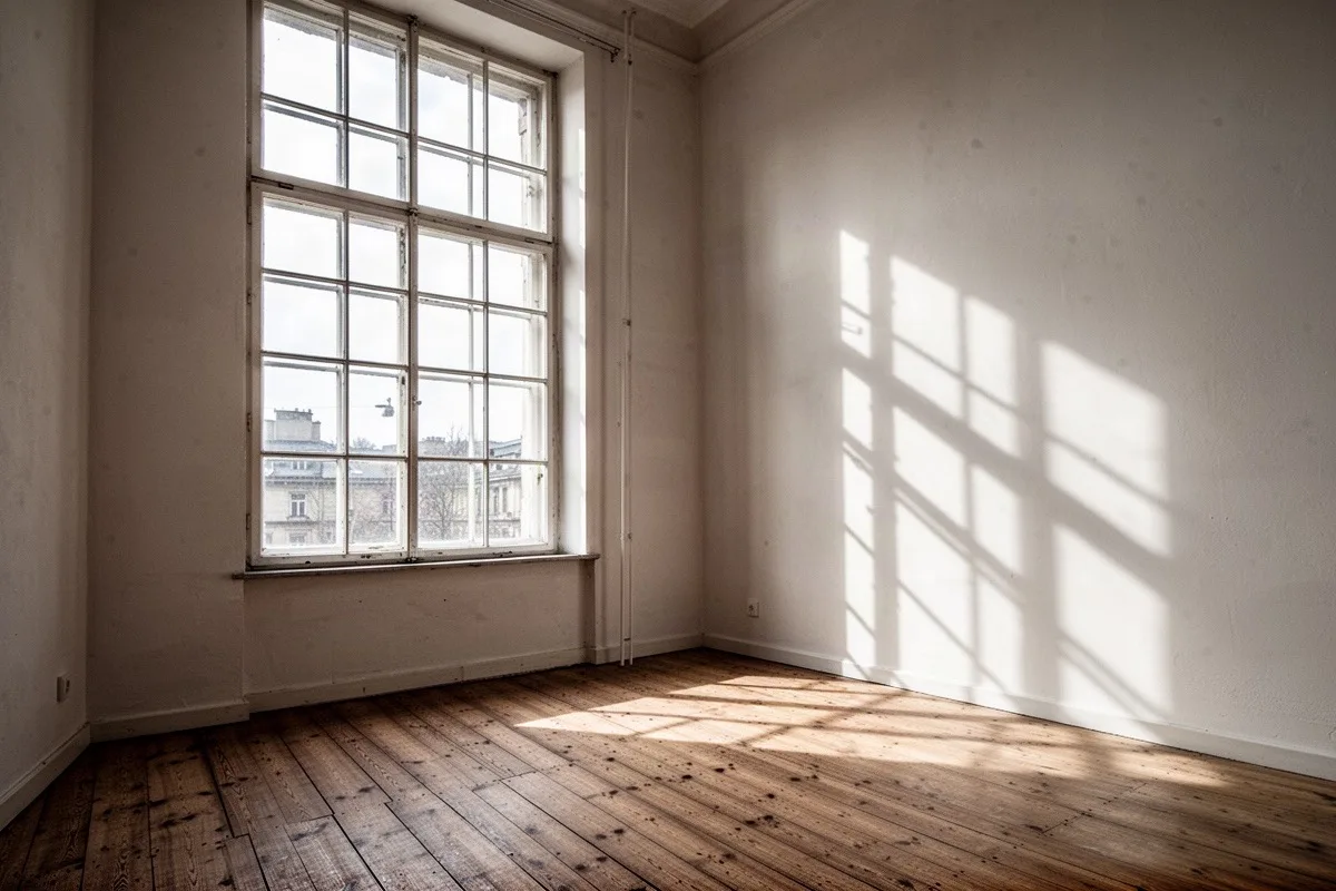 Leerer Raum mit hohem Sprossenfenster, Licht fällt auf Dielenboden und Wand