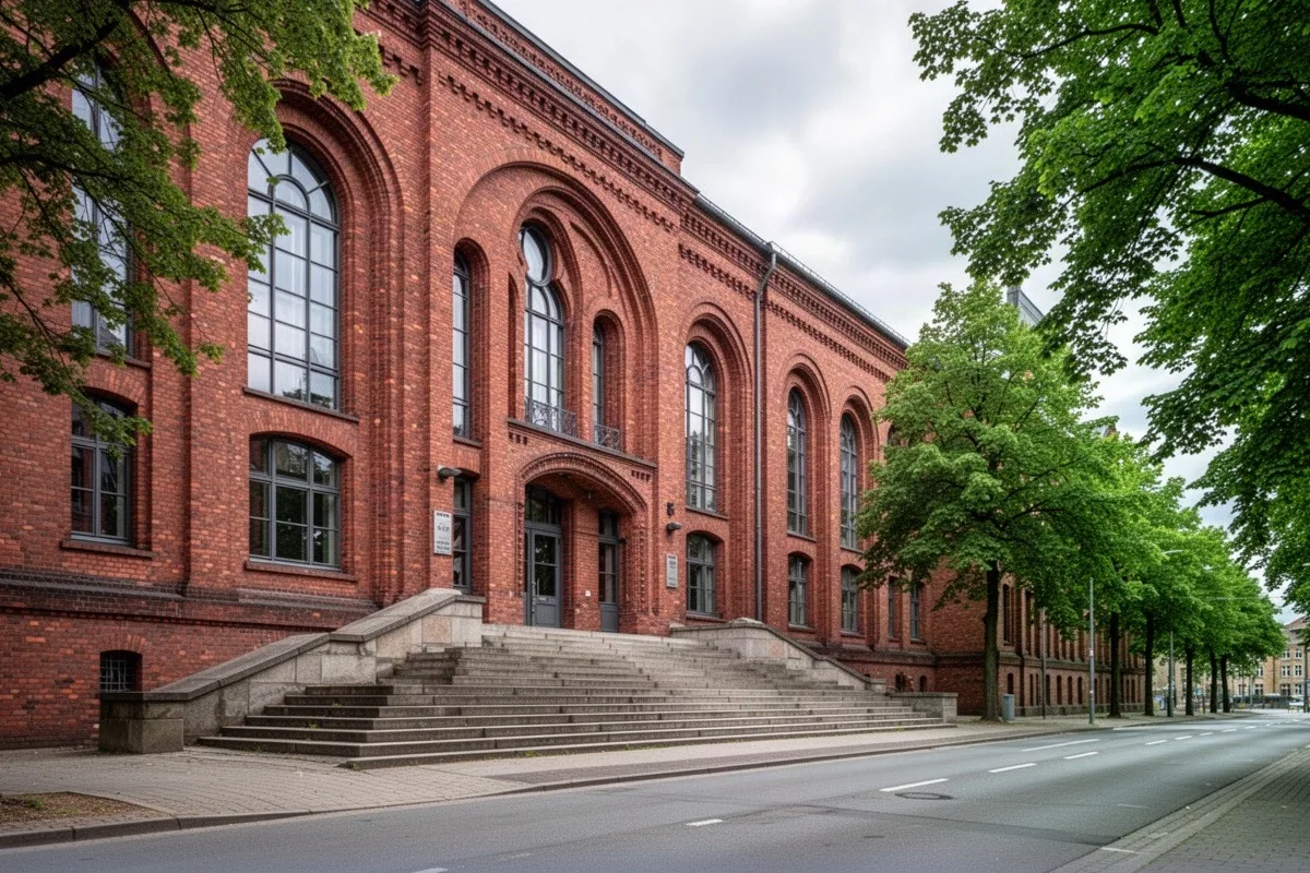 Backsteinfassade eines Gerichtsgebäudes mit hohen Rundbogenfenstern und breiter Freitreppe