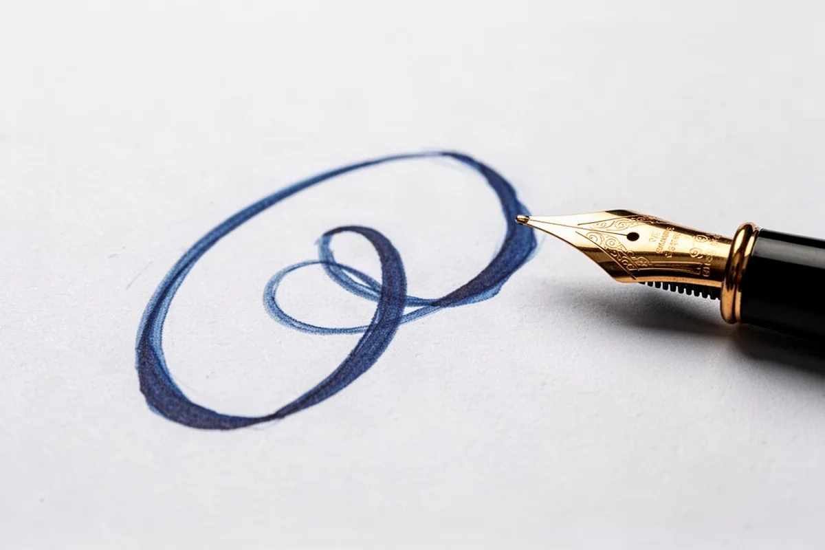 Goldene Feder eines Füllhalters über einem blauen Schriftzug auf weißem Papier