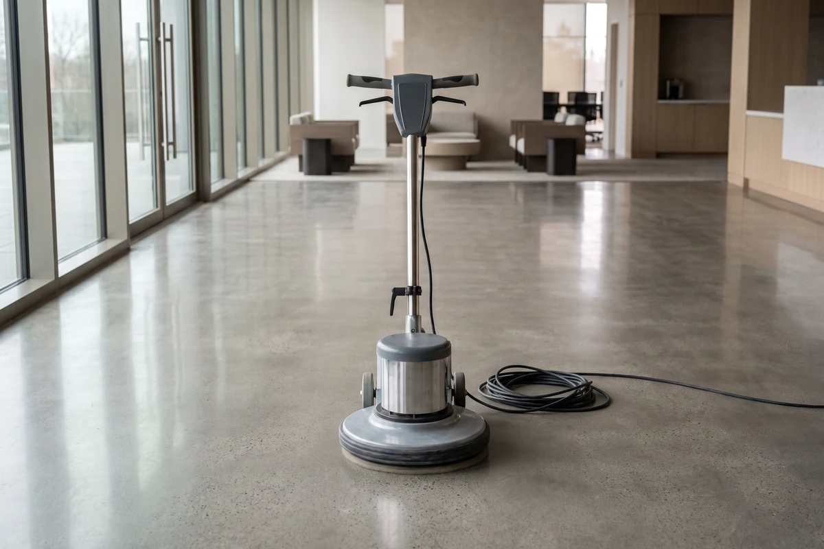 Reinigungsmaschine auf einem großen Hallenboden während der maschinellen Reinigung.