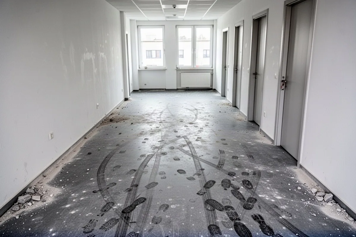 Stark verschmutzter Boden vor Beginn einer Grundreinigung.