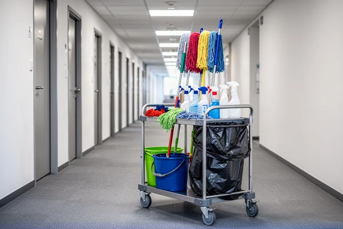 Vorbereiteter Reinigungswagen mit Eimern, Tüchern und Mopps auf einem Flur.