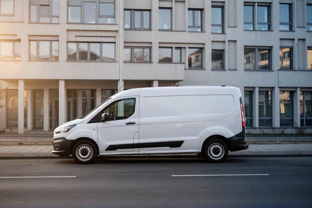Firmentransporter mit geöffneter Hecktür und verstautem Reinigungsmaterial.