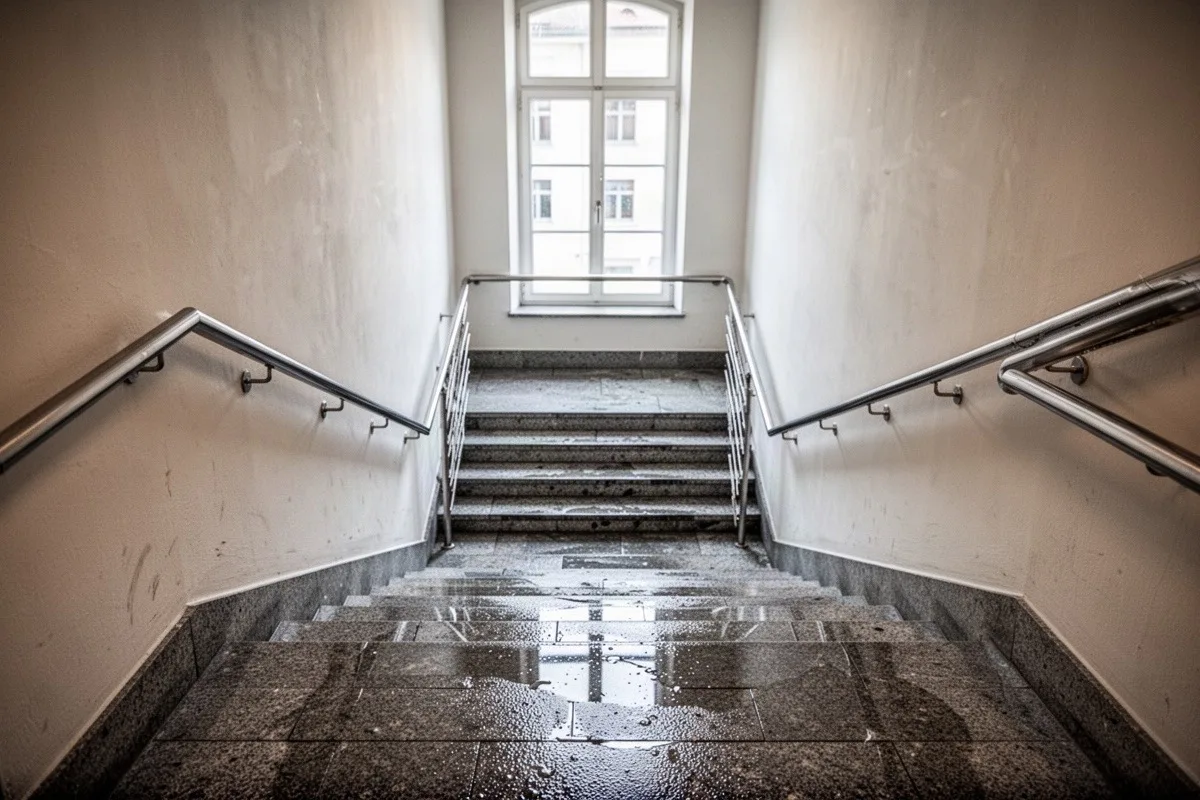 Frisch gewischtes Treppenhaus mit Steinstufen und Handlauf.