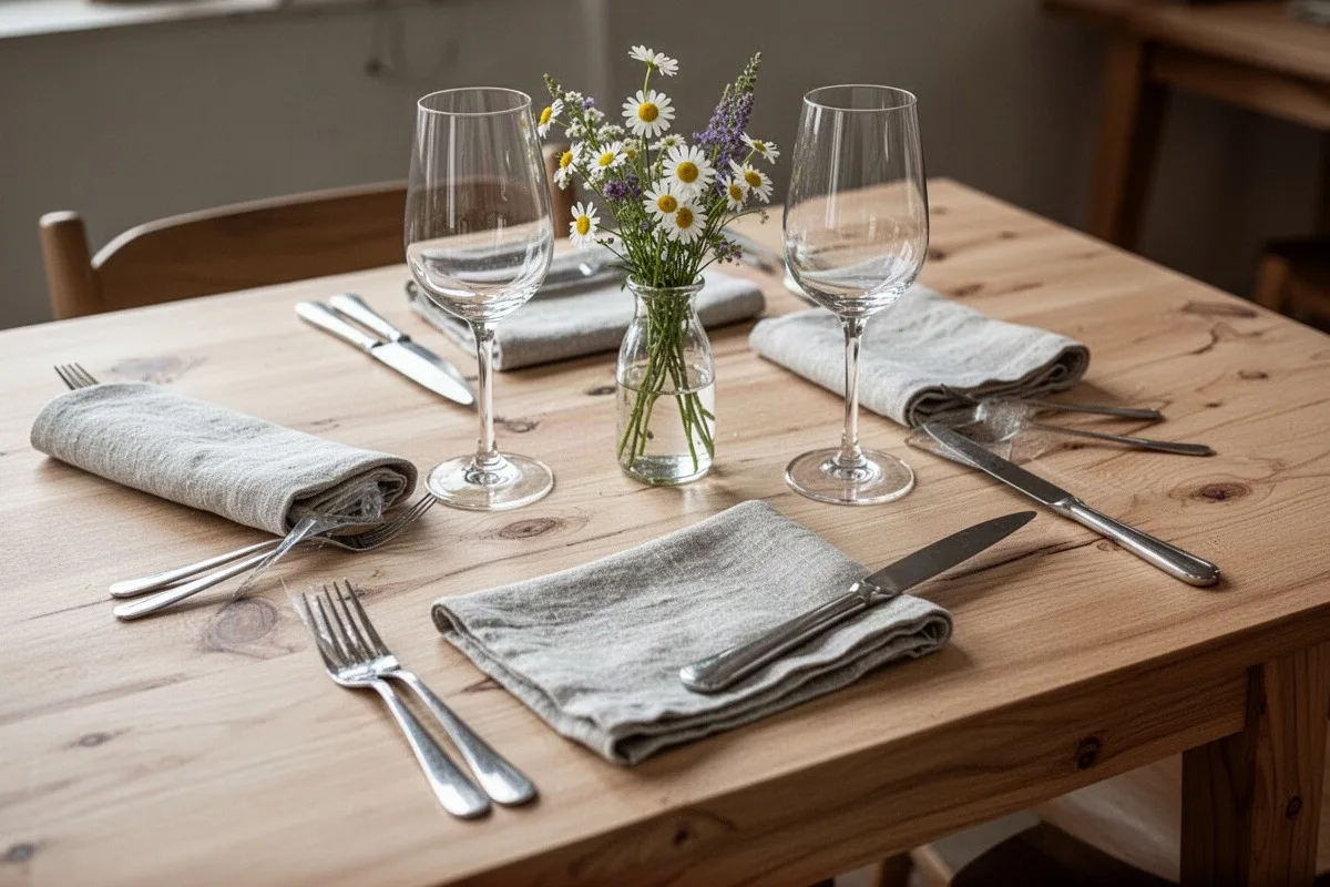 Gedeckter Holztisch für zwei: gefaltete Leinenservietten, Besteck, zwei Weingläser und ein kleiner Strauß Margeriten in einer Glasvase.