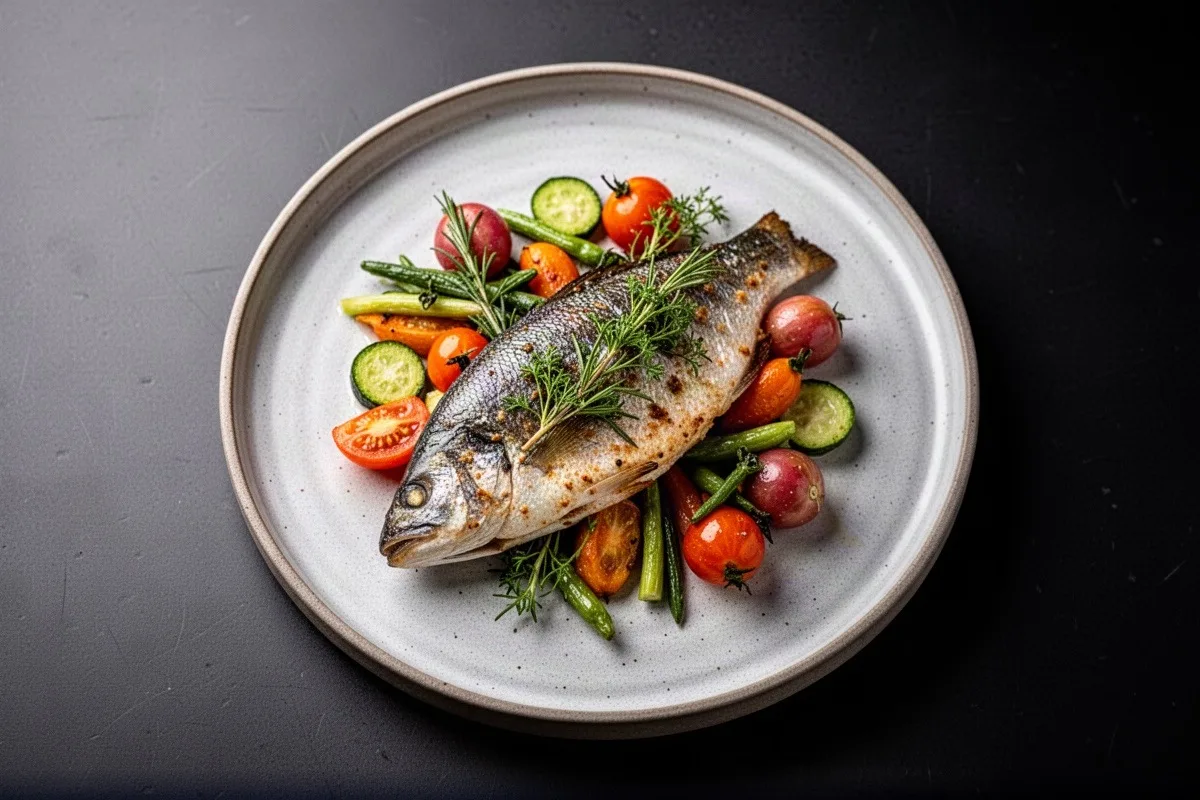 Gebratener ganzer Fisch mit Rosmarin auf einem hellen Teller, angerichtet mit grünen Bohnen, Kirschtomaten und Zucchinischeiben.