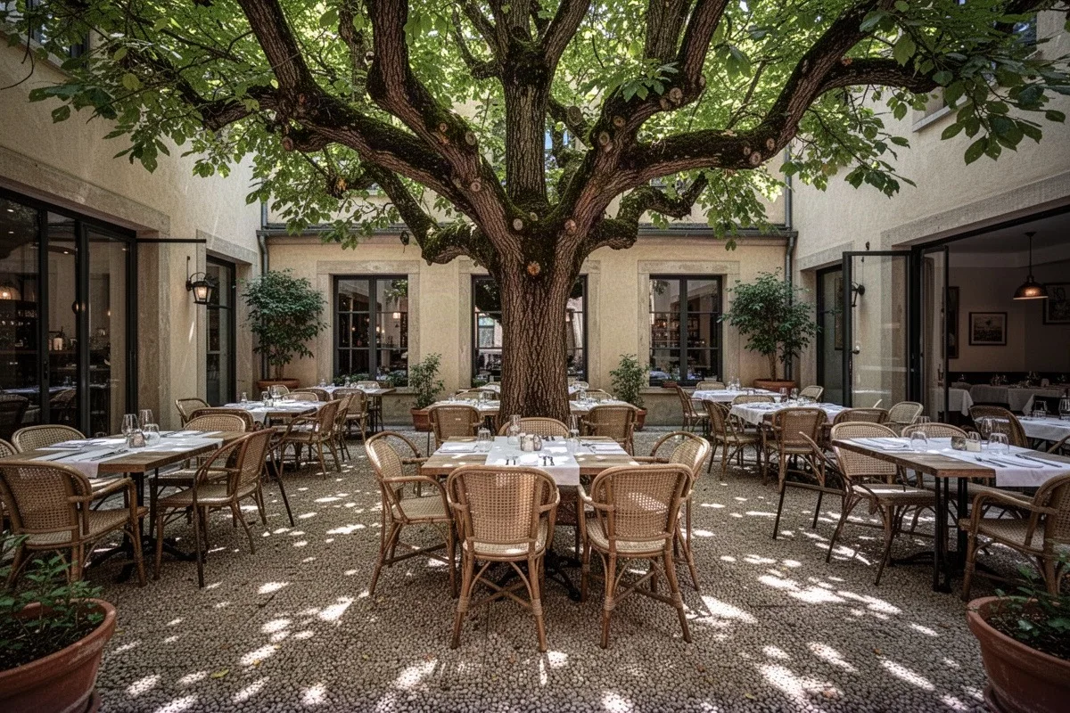 Innenhof-Terrasse unter einem großen Baum: helle Tische mit Korbstühlen auf Kieselpflaster, ringsum Fenster und offene Türen des Hauses.