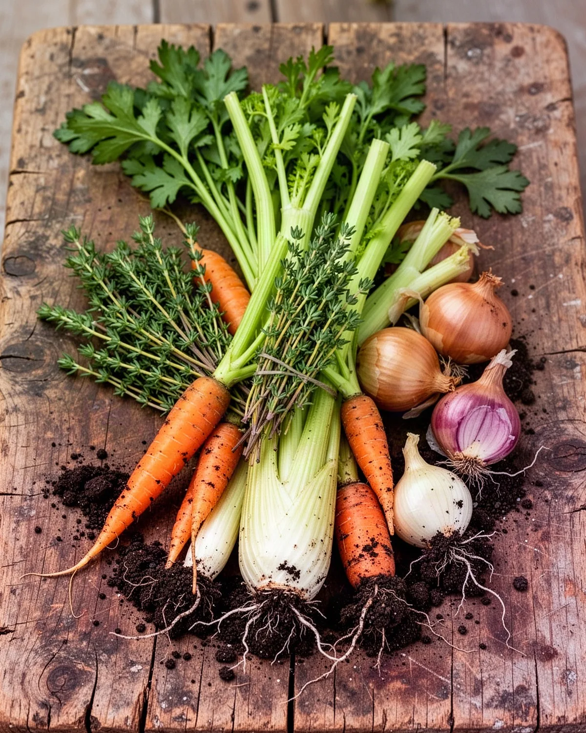 Frisches Wurzelgemüse auf einem alten Holzbrett: Möhren, Fenchel, Staudensellerie, Zwiebeln und Thymian, noch mit Erde an den Wurzeln.