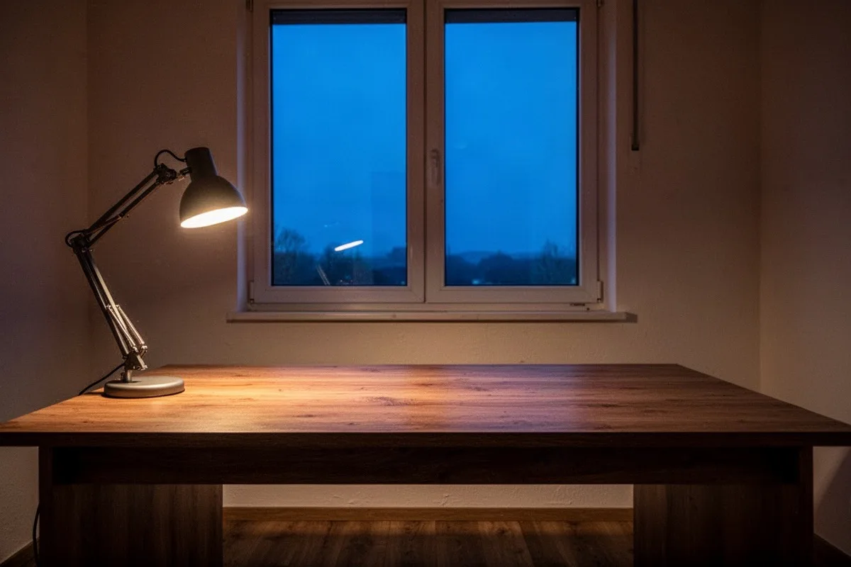 Leerer Holzschreibtisch mit eingeschalteter Arbeitsleuchte vor einem Fenster in der blauen Abenddämmerung.