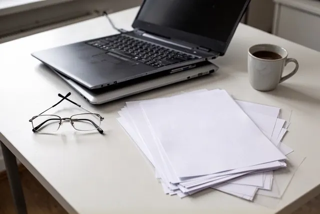 Aufgeräumter Schreibtisch mit geschlossenem Laptop, Lesebrille, Papierstapel und einer Tasse.
