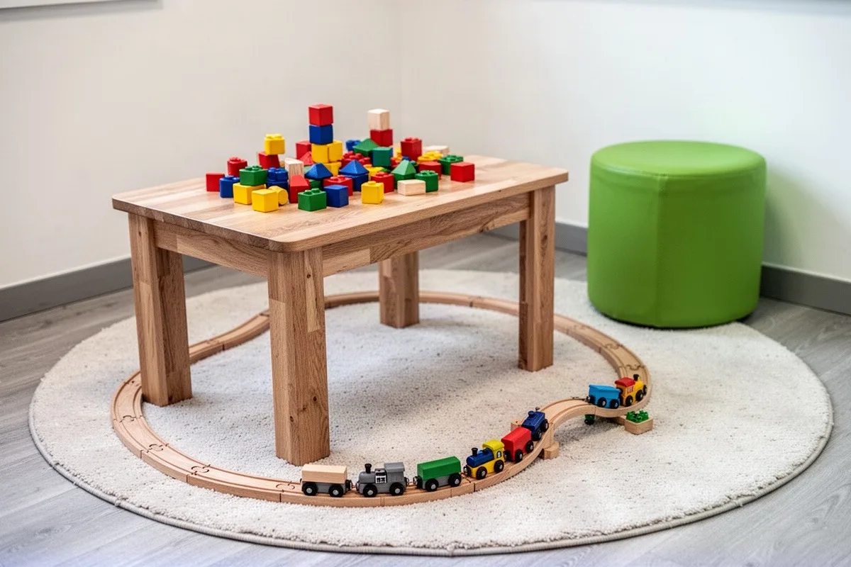 Spielecke mit niedrigem Holztisch voller Bauklötze, einer Holzeisenbahn auf rundem Teppich und grünem Sitzhocker.
