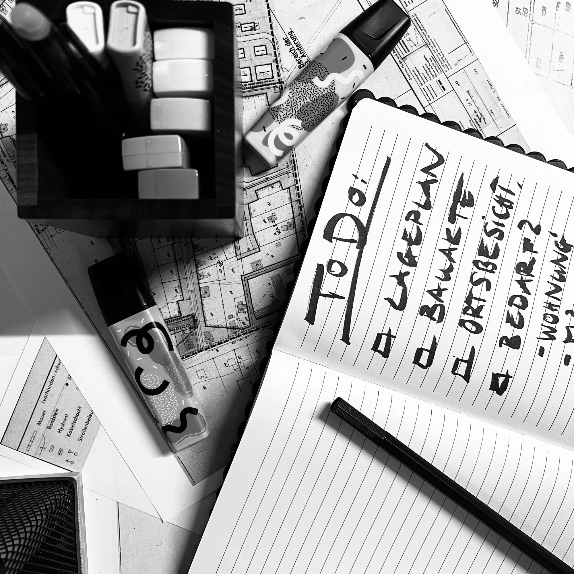 Aufgeschlagener Notizblock mit handschriftlicher To-do-Liste auf ausgebreiteten Plänen, daneben Marker und Stifte
