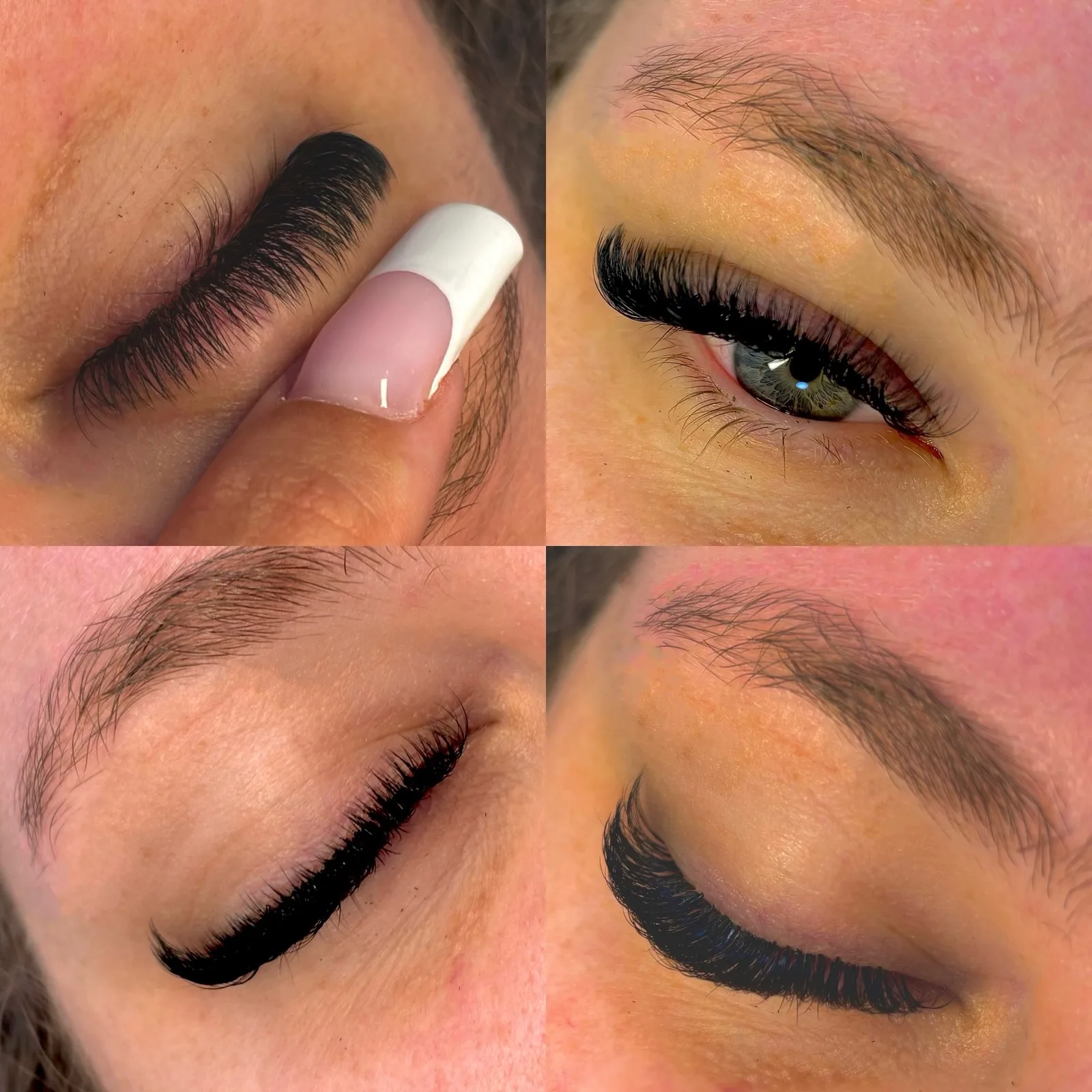 Vier Nahaufnahmen von Augen mit verlängerten Wimpern und gestylten Augenbrauen
