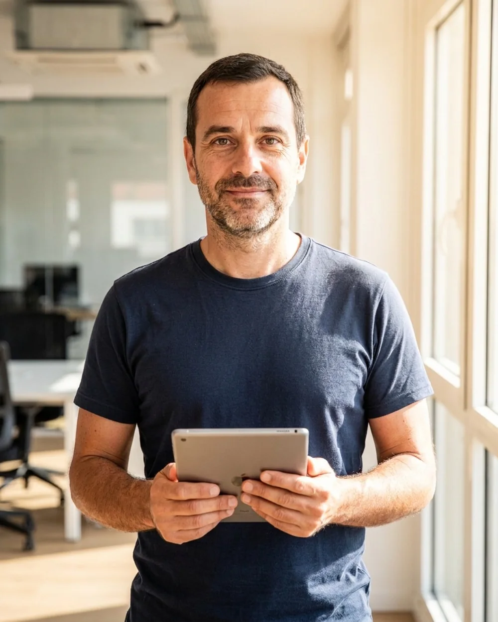 Dieselbe Person hält ein Tablet in der Hand