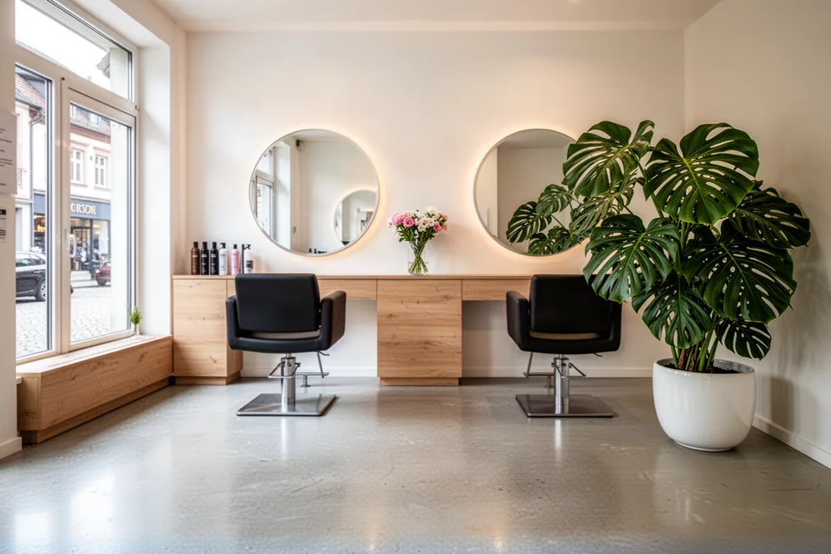 Derselbe Salon nach der Bearbeitung: aufgeräumt, mit einer großen Pflanze und Blumen