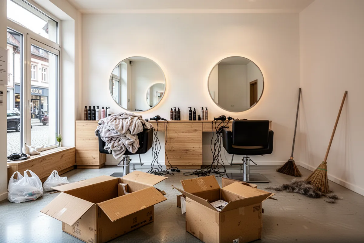 Foto eines Friseursalons, wie es ankommt: Kartons, Handtücher, Föhn-Kabel, Besen und Haare auf dem Boden